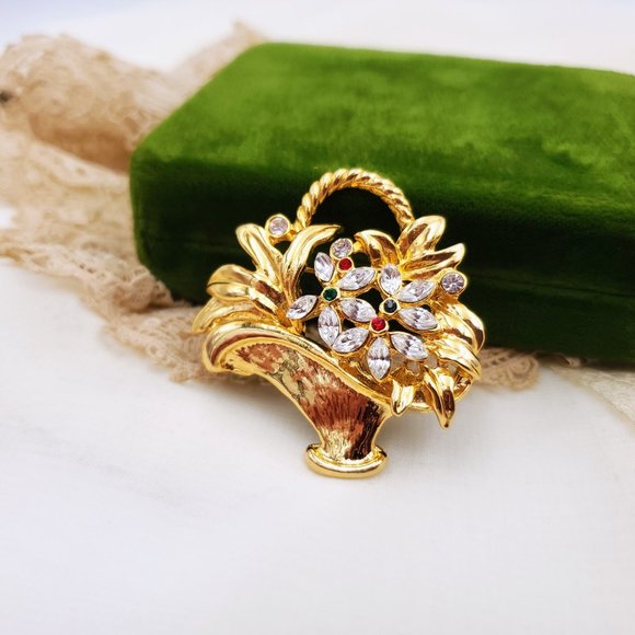 Vintage Flower Basket Brooch Bouquet, Gold tone Plant Pin - Picture 5 of 9